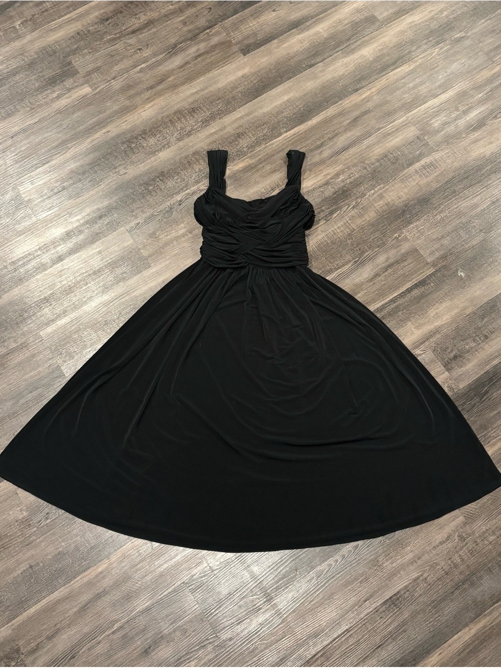 Suzi Chin Black Sleeveless Midi Dress with Ruched Bodice